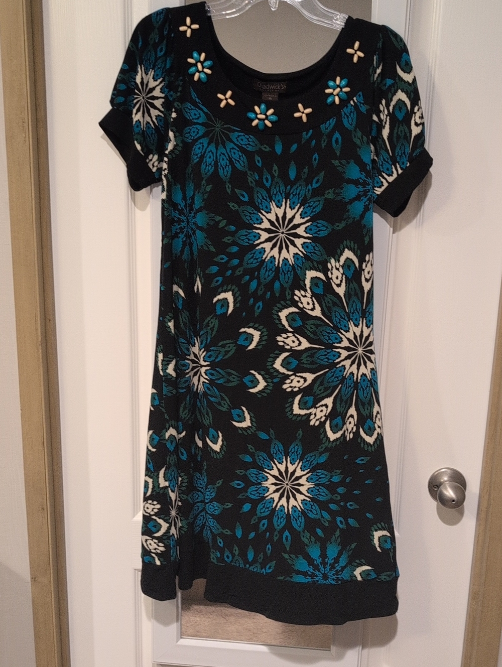 Chadwicks Black Mini Dress with Teal and Cream Floral Medallions